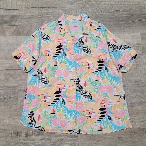 Cascade Blues Linen Hawaiian Button Up Shirt 1X Tropical Colorful Bright Floral - Picture 1 of 6